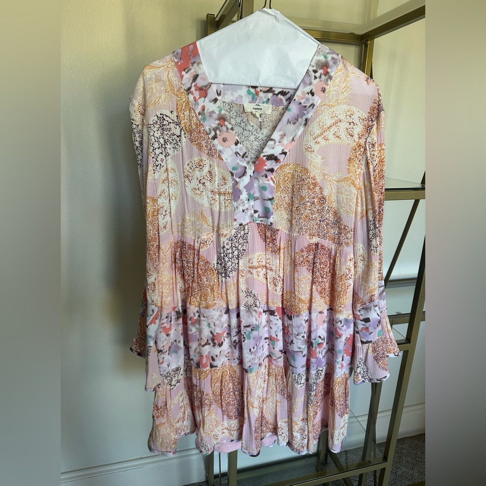 Entro Floral Patchwork Mini Dress - Pink and Orange
